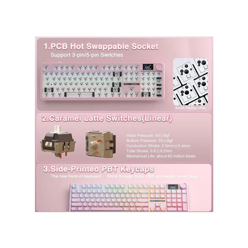 AULA S98 Pro Wireless Mechanical Keyboard with Screen & Knob,2.4GHz/USB-C/BT5.0